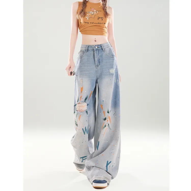 美式高腰破洞涂鸦阔腿牛仔裤女2025春夏新款辣妹宽松垂感直筒裤子