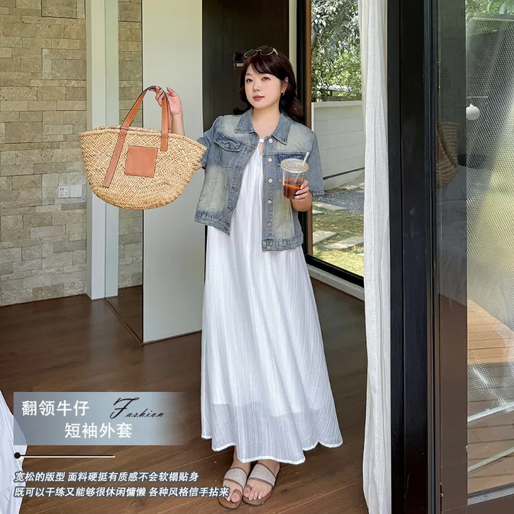女款上衣双天25年夏季新款大码女装胖妹妹百搭翻领牛仔短袖质感