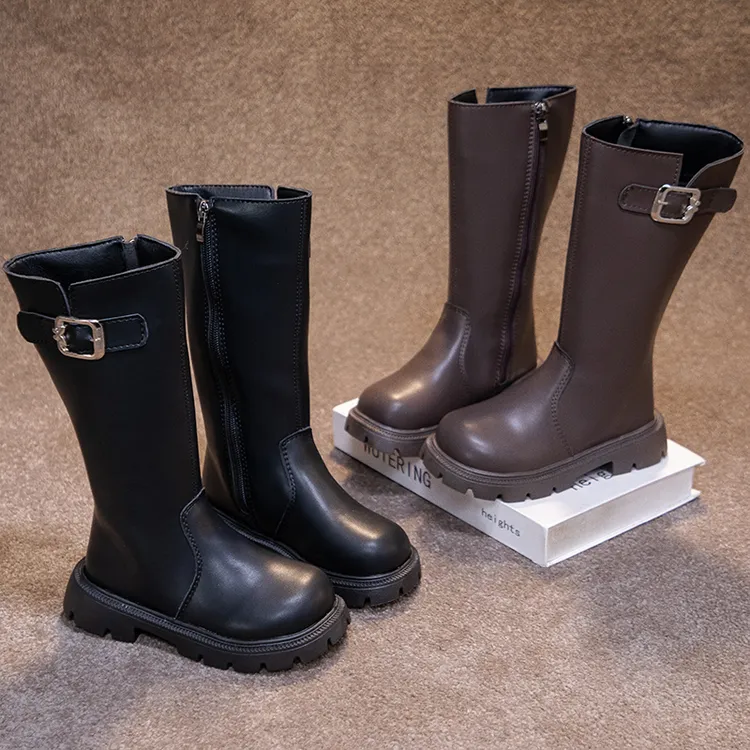 女童长筒靴子女童骑士靴秋冬款高筒皮靴长靴中大童黑色女孩儿童