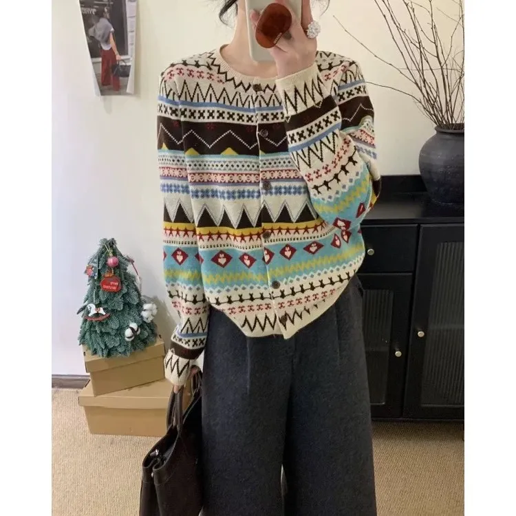 【超细绵羊毛】费尔岛复古民族风提花圆领针织开衫女秋冬毛衣外套