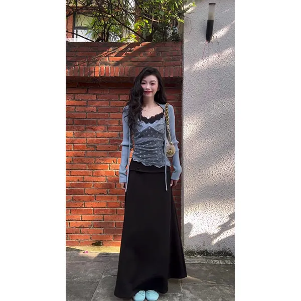法式纯欲风性感蕾丝吊带长袖开衫上衣女超好看高腰显瘦半身裙套装