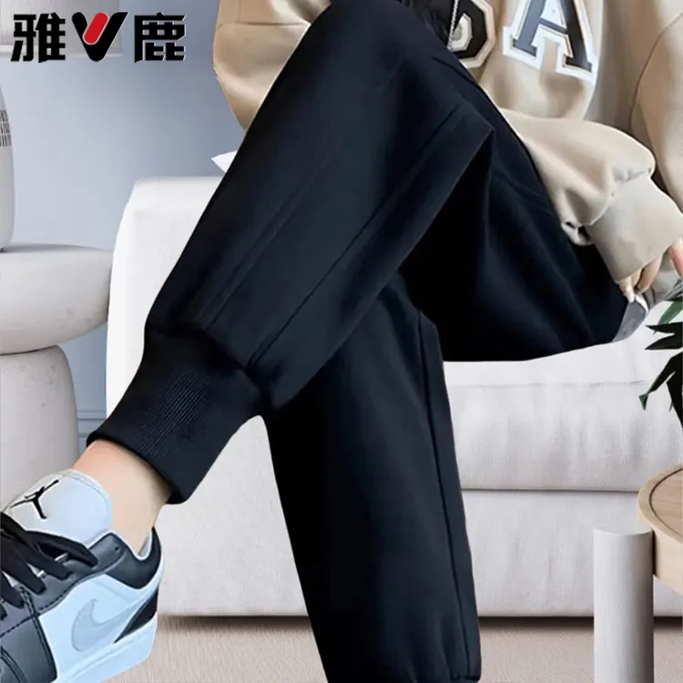 雅鹿秋冬男女同款加绒加厚运动裤子男显瘦小脚休闲裤潮流束脚卫裤