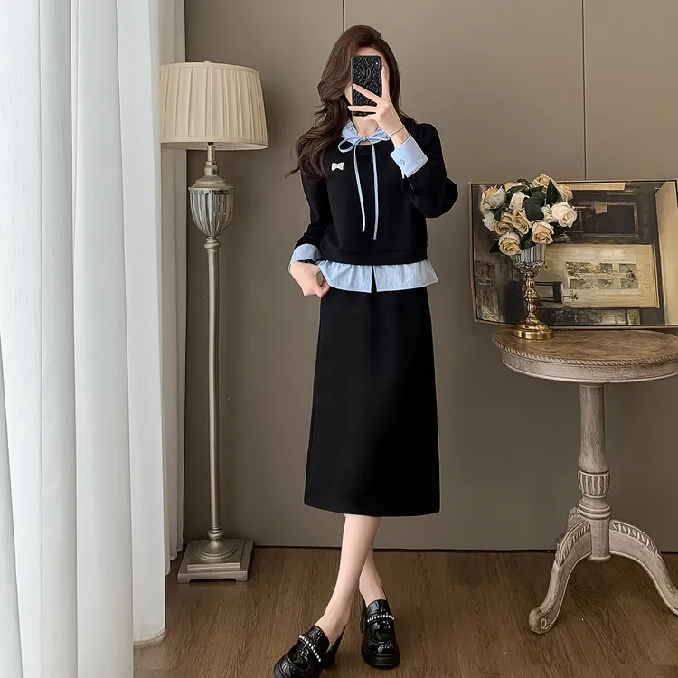 舒适休闲薄款花边领长袖拼接时尚套装女两件套春秋女长袖减龄显瘦