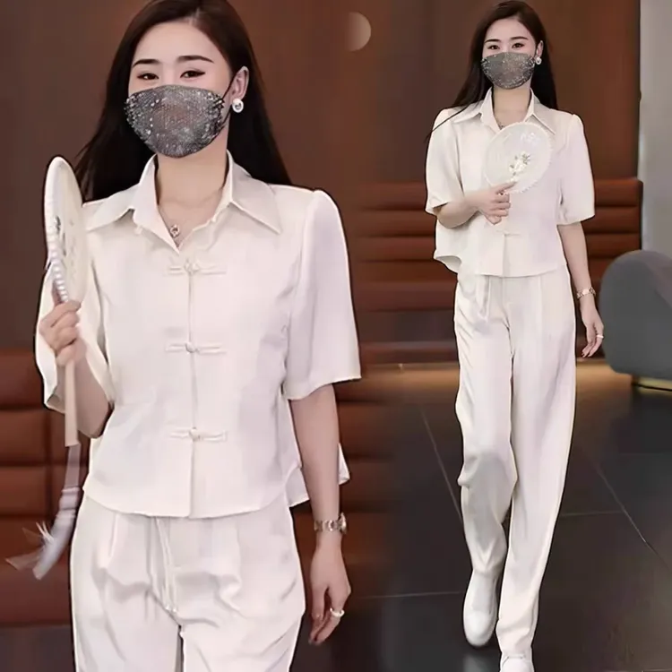 高级感新中式时尚套装女士盘扣衬衫夏季新款短袖上衣阔腿裤两件套