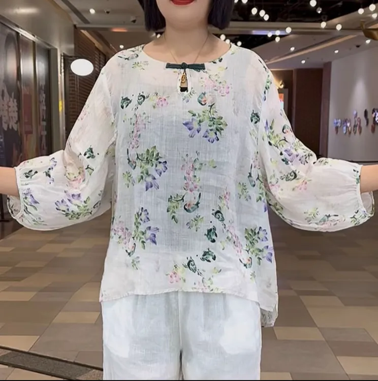 宽松薄款显瘦衬衫灯笼袖新中式文艺女宽松型印花夏季圆领小花衫