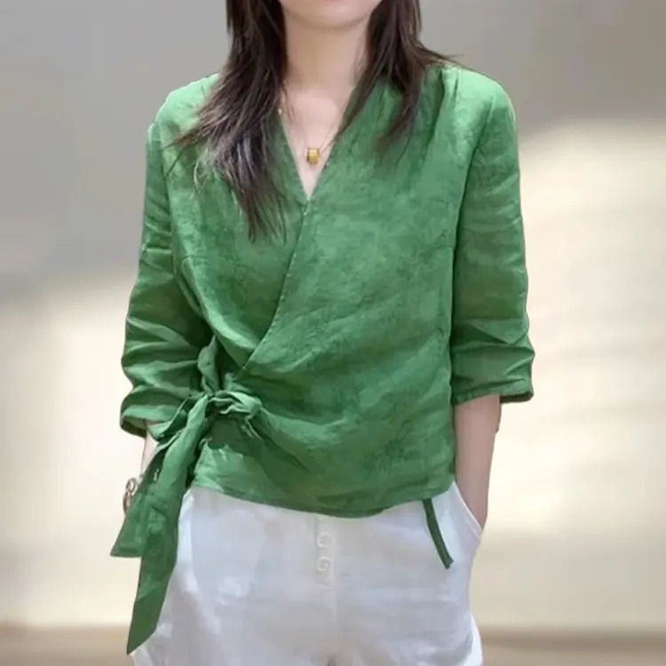 韩系设计感斜襟系带V领衬衫女早秋新款轻薄透气防晒显瘦印花上衣