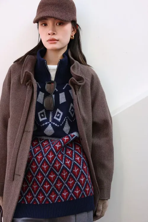 【DQ Natural】绑绳荷叶型大翻领随性大扣子口袋毛呢大衣 774563