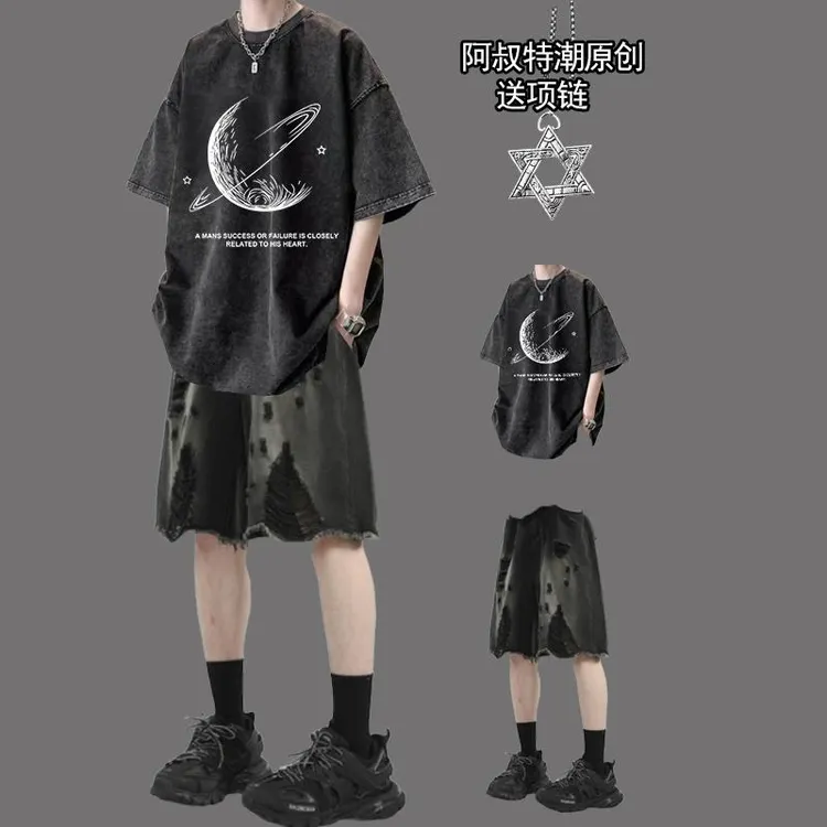 水洗短袖T恤夏季整套三件套搭配牛仔短裤套装高街潮牌痞帅气男装