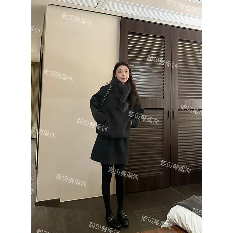 熙贝薇2 冬季新款加厚灰色套装两件套高级感爆款卫衣+短裙G5855