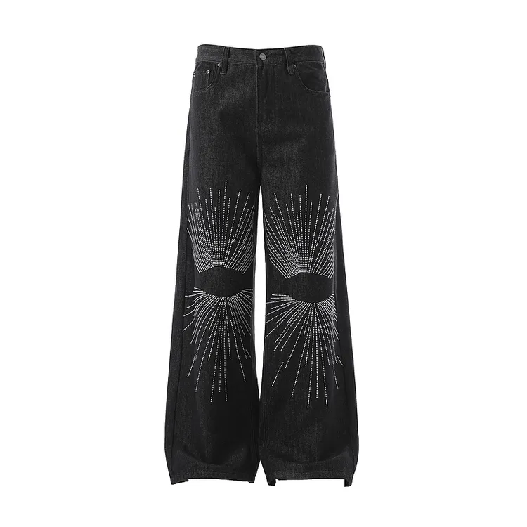 美式街头嘻哈潮流个性刺绣宽松阔脚牛仔裤欧美复古中性风休闲长裤