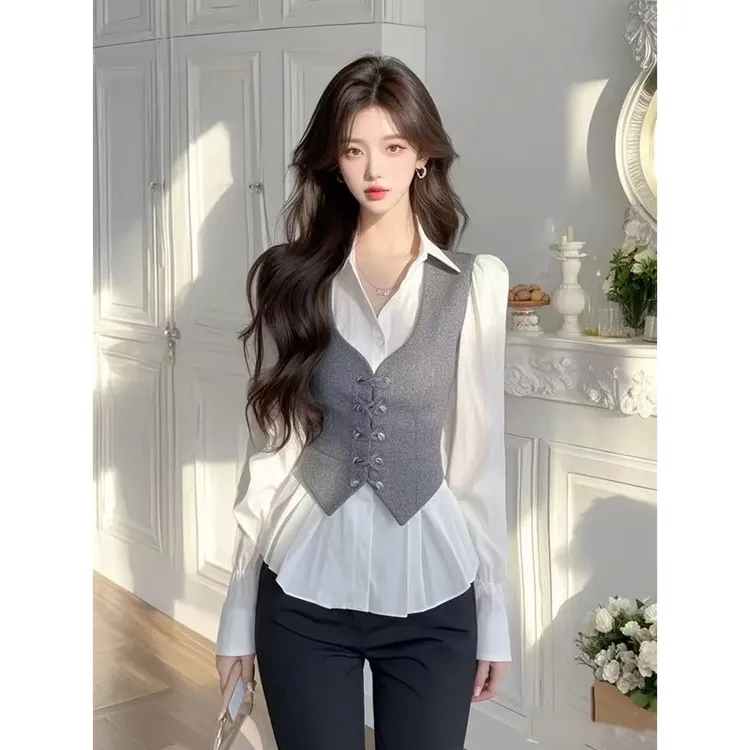 超好看气质内搭打底衫女2025春季高级感轻奢收腰灰色假两件衬衫