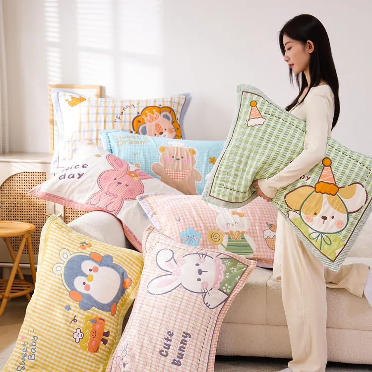 纯棉纱布枕巾一对全棉卡通家用加厚可爱枕头盖巾吸汗防头油四季用