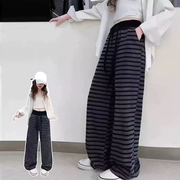女童春装裤子新款洋气炸街直筒时髦阔腿裤女大童春季糯米裤条纹裤