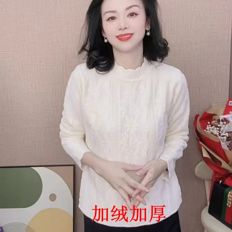 加绒加厚花边圆领提花纯色针织长袖宽松打底单穿保暖毛衣女