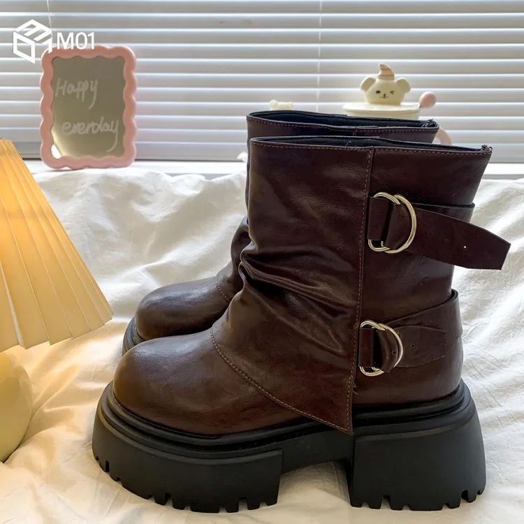 M01棕色厚底增高马丁靴女秋季新款复古英伦风美拉德中筒堆堆短靴