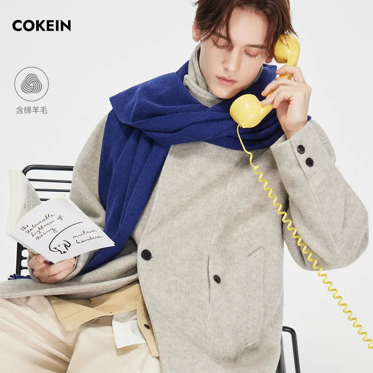 COKEIN呢大衣男2025年冬季牛角扣落肩上衣简约通勤翻驳领廓形外套