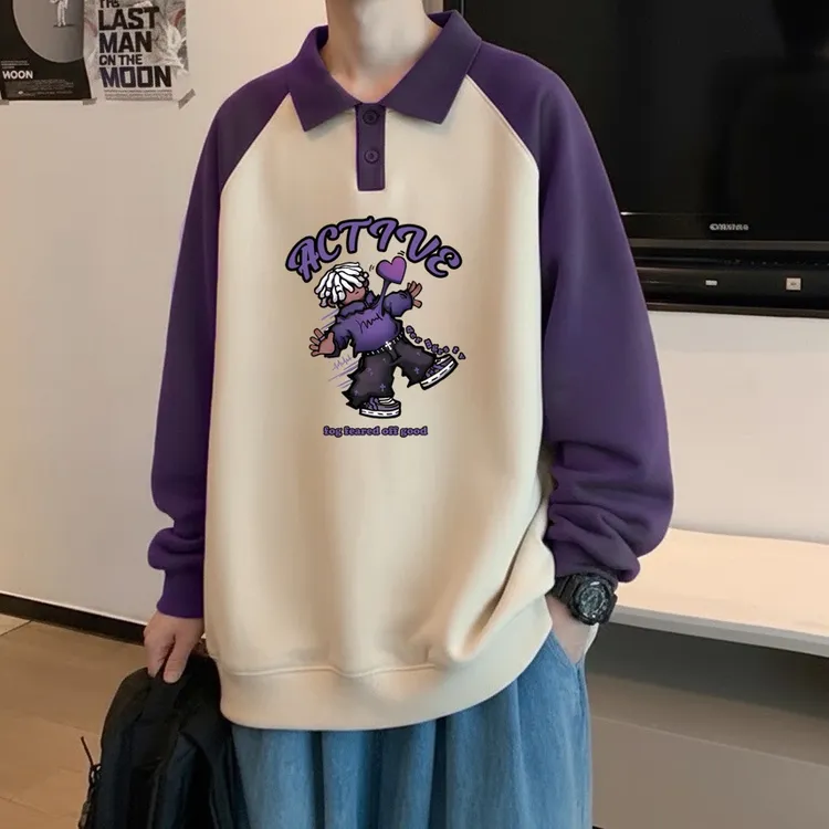 潮牌美式polo衫卫衣男生秋冬痞帅卡通宽松大码长袖上衣学生青少年