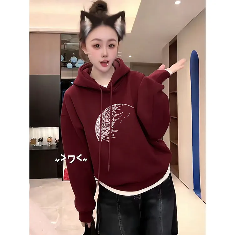 加绒酒红色连帽短款卫衣女2026马年本命年衣服秋冬季新年外套上衣