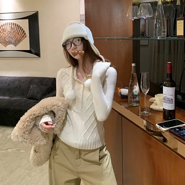 韩系米杏色麻花翻领长袖毛衣女秋季软糯套头针织衫氛围感百搭上衣