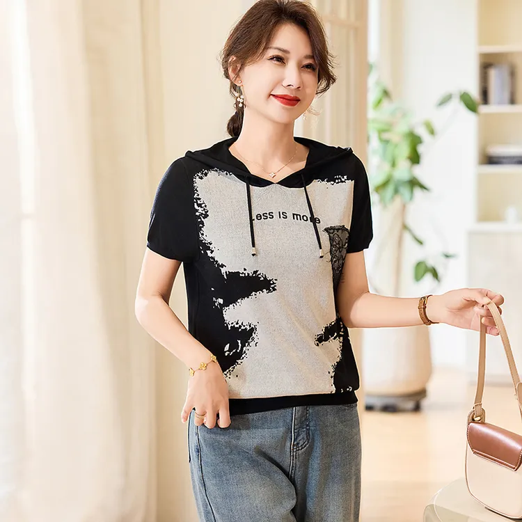 哥弟阿玛施正品2025新款100%莱赛尔天丝撞色连帽短袖女T百搭休闲