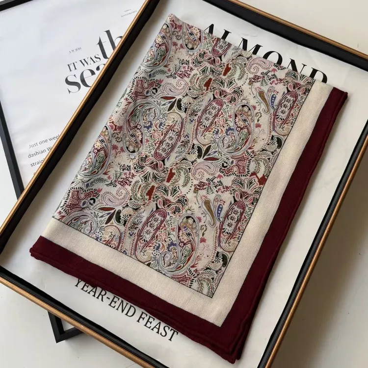 真丝羊毛双面粉黛腰果60方巾女士丝巾围巾防晒时尚披肩外搭B475