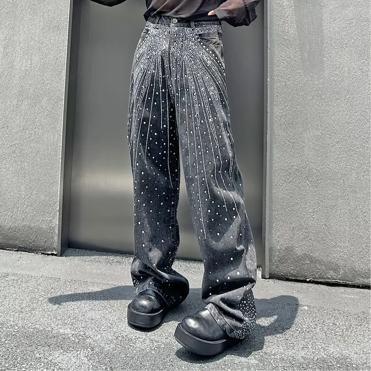 美式vibe水洗满天星烫钻弯刀牛仔裤男女街头宽松显瘦阔腿长裤潮