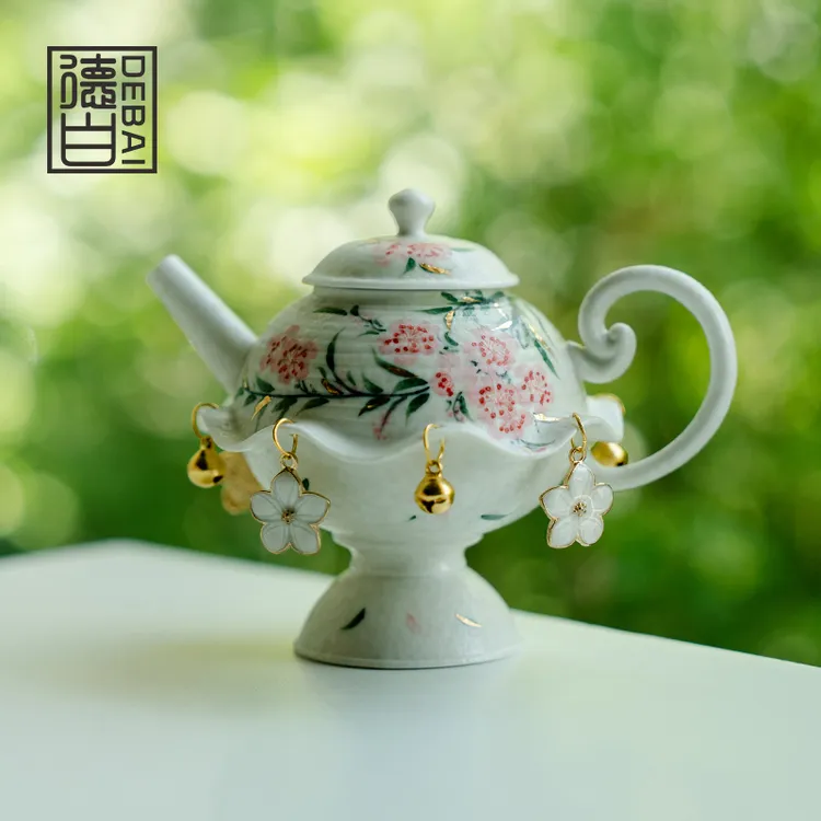德白岩矿白茶壶创意纯手绘桃花水壶陶瓷家用新中式泡茶器功夫茶具