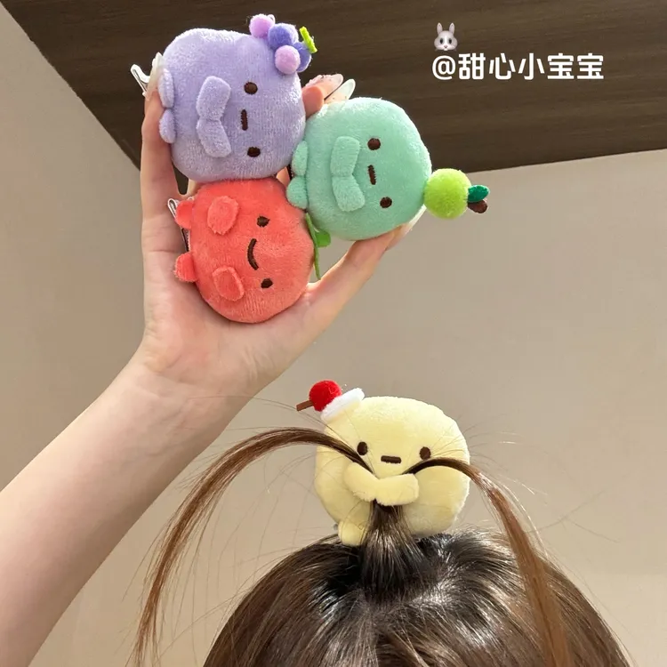 日系可爱水果角落生物发夹mini圆子发卡三色团子毛绒公仔创意顶夹