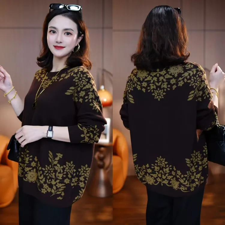 锦缎时光A奶奶装大码圆领针织衫毛衣洋气女百搭冬季显瘦保暖宽松