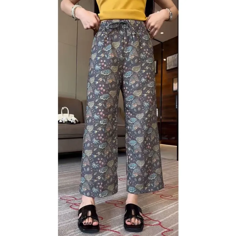 艾塔莉设计感图案百搭休闲裤女夏季新款九分裤大码宽松遮胯阔腿裤