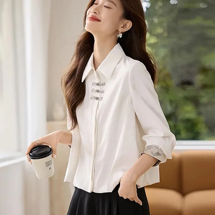 新中式国风翻领拼接撞色设计感衬衫女2025春秋新款百搭高级感上衣