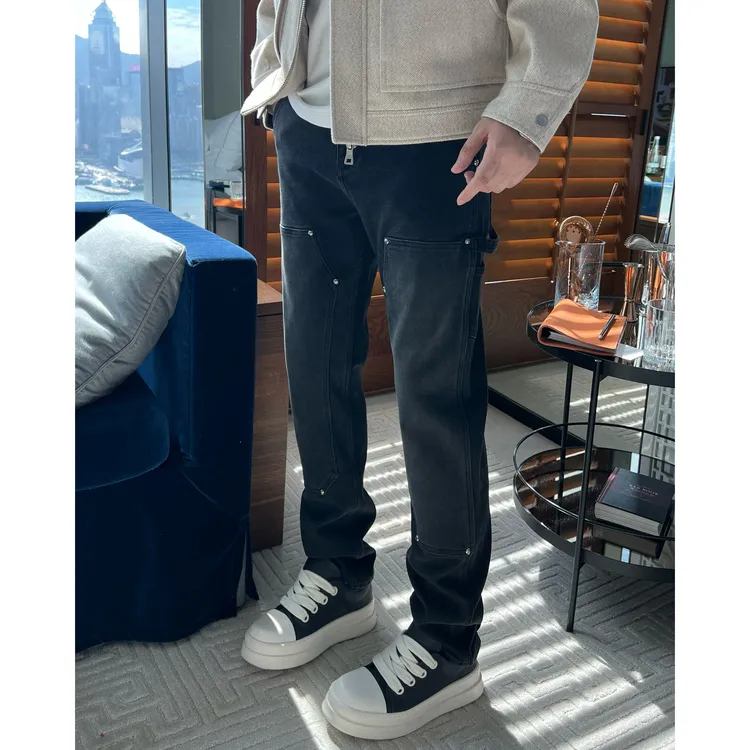 【CH拼接牛仔】痞帅男装秋冬款四面弹力烟灰修身直筒长牛仔裤子男款