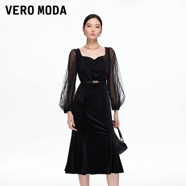 Vero Moda连衣裙【天鹅绒之吻】收腰泡泡袖丝绒裙流光风32537D015