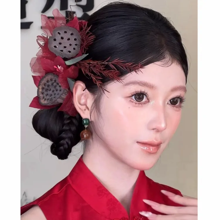 君心家  莲藕花红粉两色发夹五件套新娘新中式旗袍敬酒头饰
