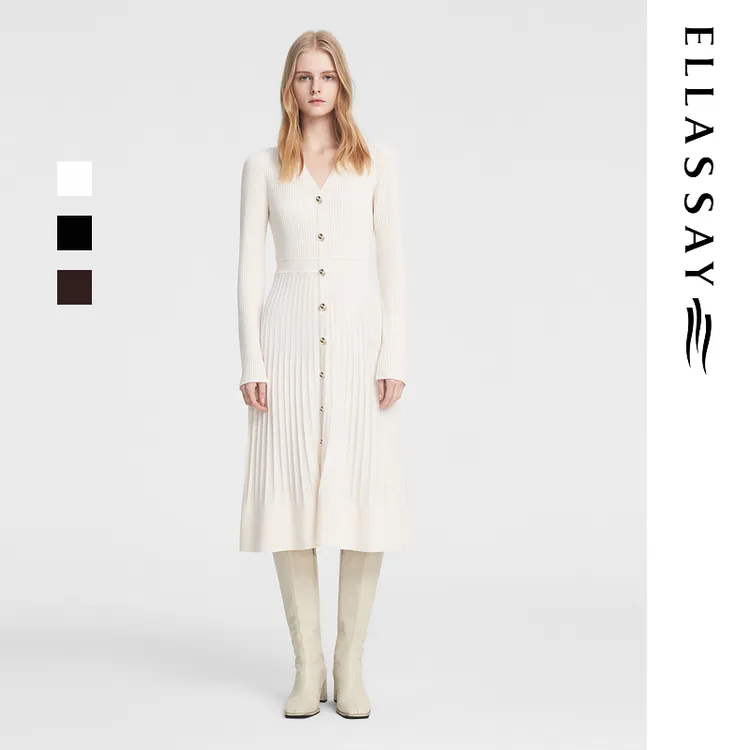 ELLASSAY歌力思早秋季羊毛V领连衣裙女EWB353M02900