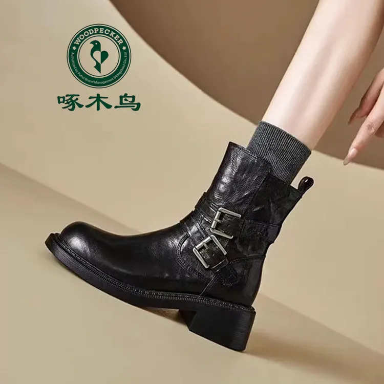 啄木鸟软皮马丁靴女低跟2025年秋冬新款百搭侧拉链短靴复古英伦风