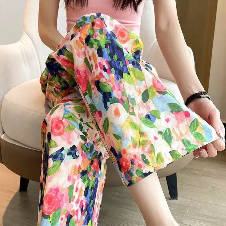 女士棉绸睡裤居家人造棉九分裤睡裤阔腿裤裤子夏季薄款大码可外穿
