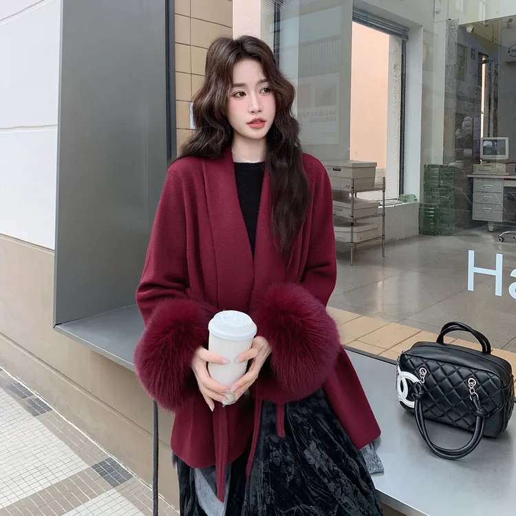 红色轻奢复古毛毛袖双面羊毛大衣毛呢子外套女冬季2025新款贵气感