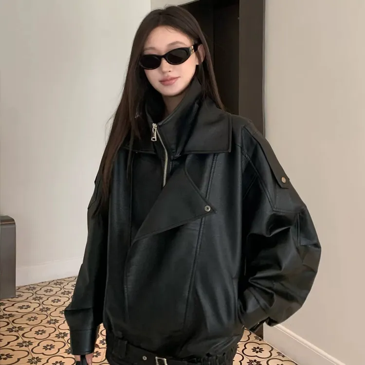 黑色皮衣内胆白鸭绒外套女2025年秋冬新款超火皮夹克酷飒风小个子