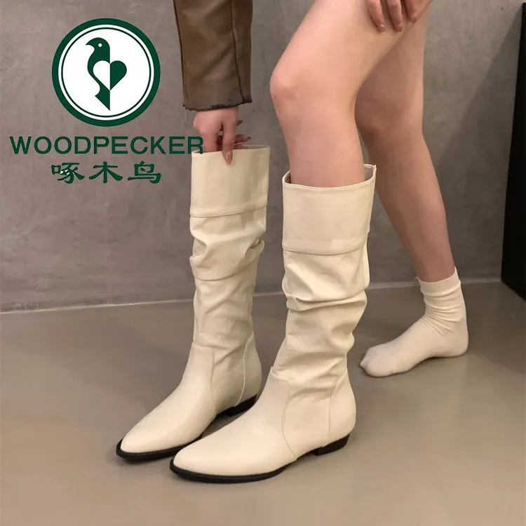 啄木鸟小个子白色堆堆中筒骑士靴女2025秋冬新款瘦瘦靴长筒长靴子