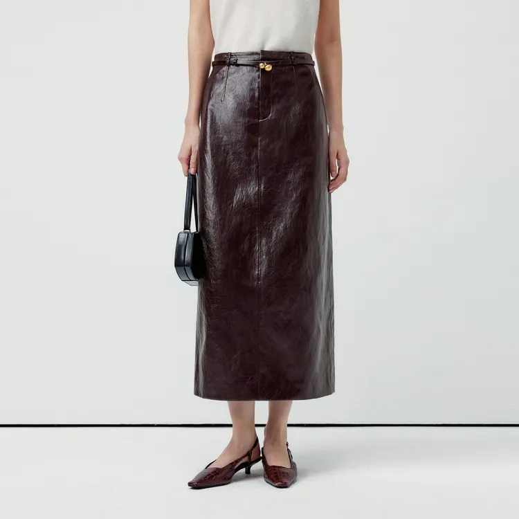 LYNEE【夜阑】漆皮压纹双腰气质头皮半裙女pu直筒半身裙LGD2FAL019