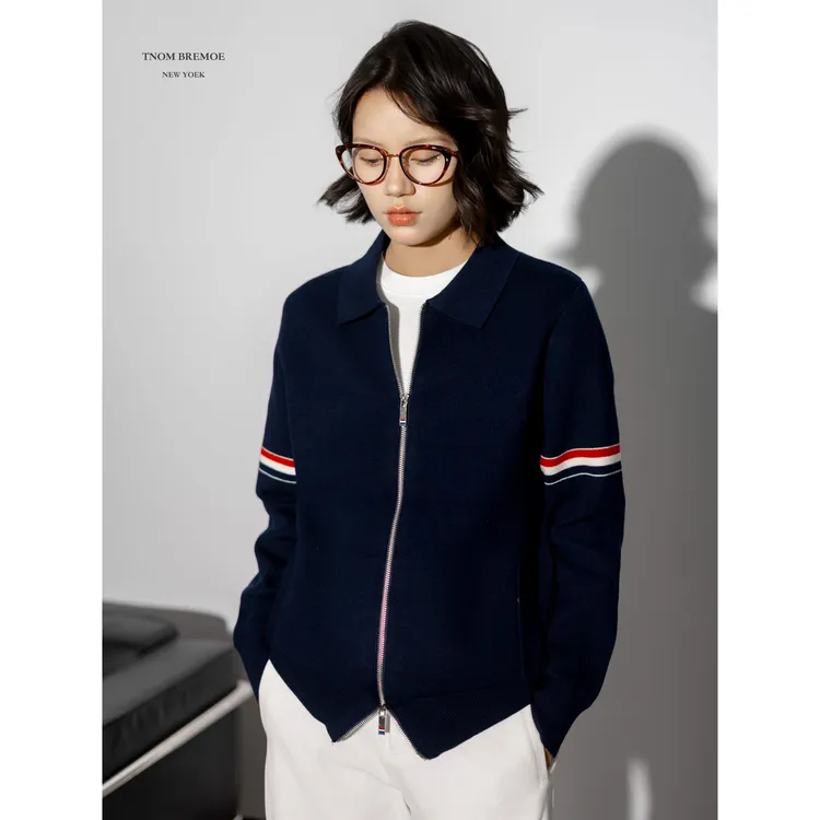 TB男女同款绵羊毛秋冬夹克翻领长袖时尚宽松百搭拉链开衫外套