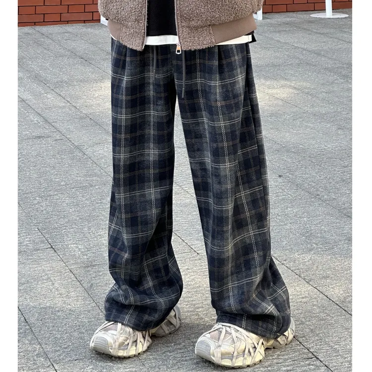 冬季宽松阔版呢料棋盘格时尚潮流高街直筒百搭ins休闲裤复古格子