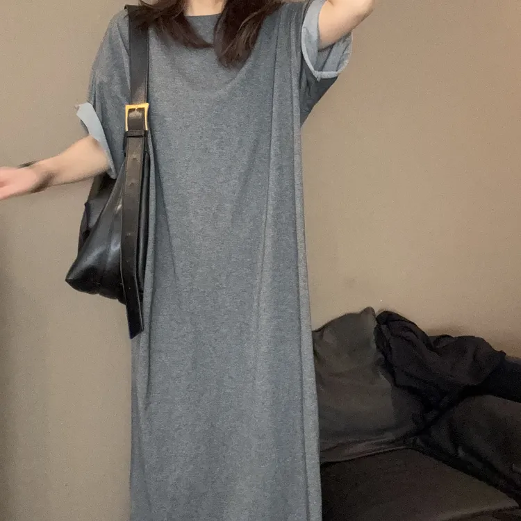 夏季宽松简约休闲卷边裁剪圆领短袖连衣裙-25161