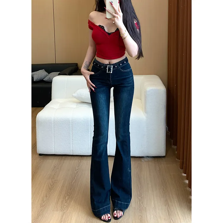 低腰弹力紧身腰带微喇牛仔裤女2025秋季新款显瘦显高百搭喇叭裤
