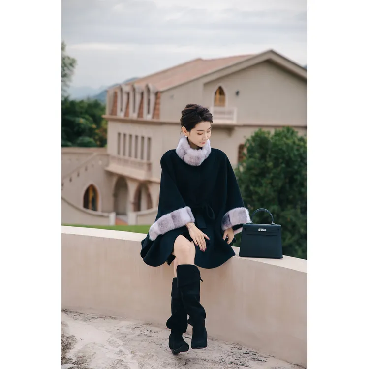 CHENSMCHEN 黑十字貂羊绒大衣女秋冬高级感气质毛呢外套CSD9211QQ