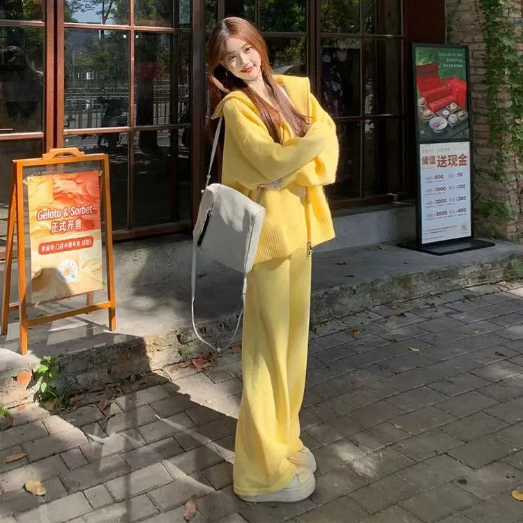休闲穿搭一整套初早秋季爆款女装黄色拉链毛衣针织阔腿裤两件套装