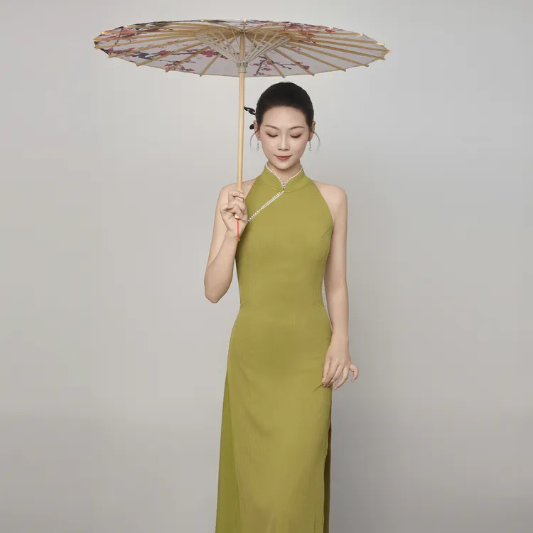 无袖珍珠橄榄绿古典舞旗袍舞蹈服针织身韵服中国舞民族舞练功服