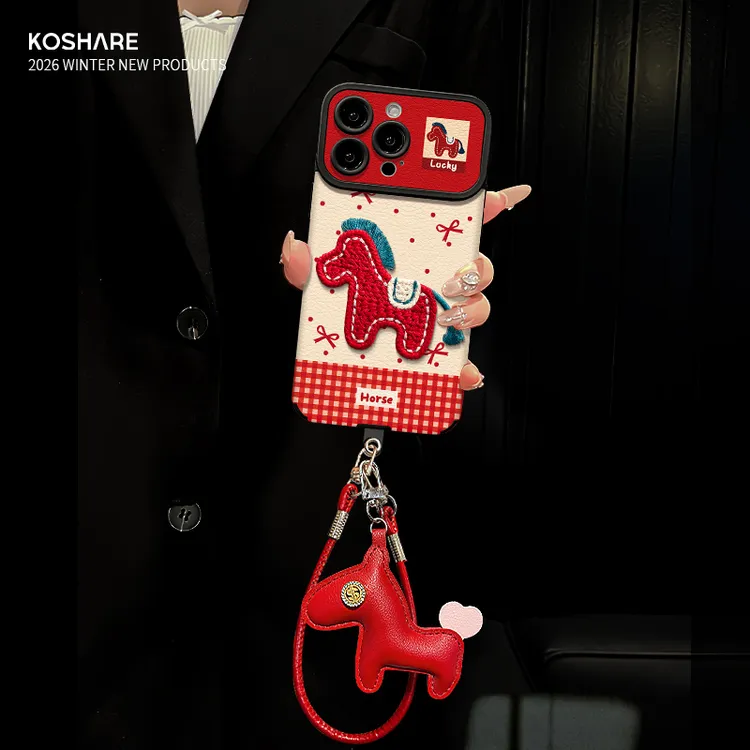 立体刺绣红马适用苹果17华为VIVO/OPPO小米iPhone视窗贴皮手机壳