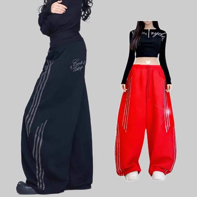 新款广场舞潮牌"亮闪钻石三杠长裤"黑色运动嘻哈曳舞烫钻弯刀裤